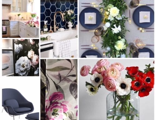 White Kitchen, Indigo Hex Backsplash, beautiful set Table, Oversized Floral Art, Red / Pink & White Ranunculus and Floral Fabric Inspiration